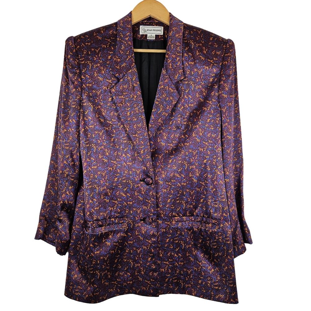 Evan‎ Picone 100% silk vintage long blazer, purple blue gold, size 8